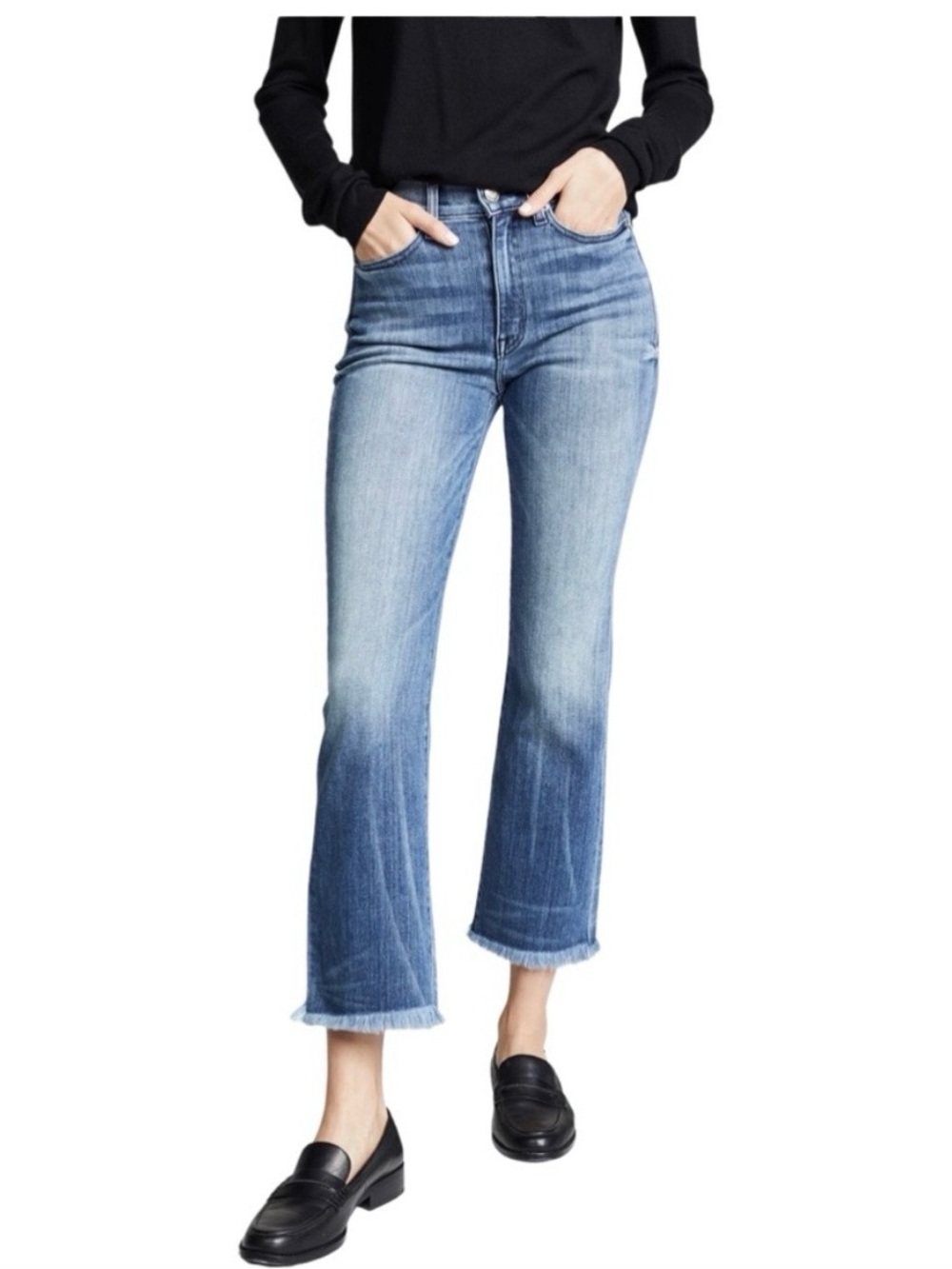 AYR The Bomb Pop Crop Flare Jeans Women’s 27S Medium Wash Raw Hem 22” Inseam